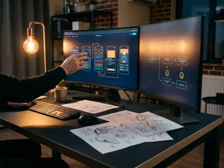 Designer's hand reaching toward computer monitors displaying colorful wireframes and user journey maps on industrial studio desk with scattered sketches and warm tungsten lighting.