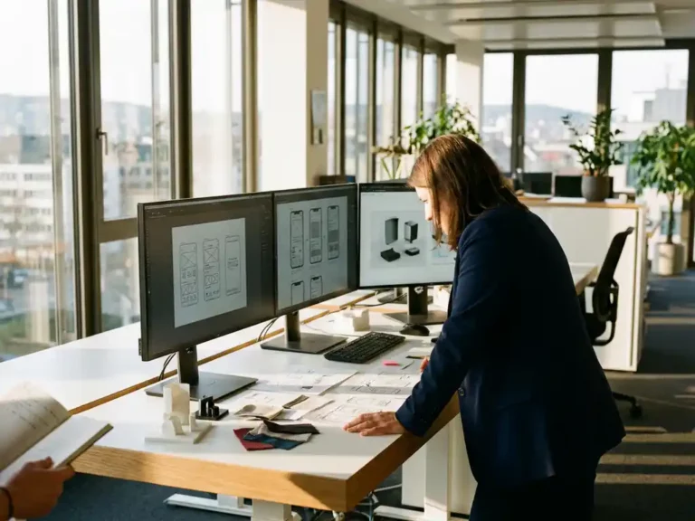 Design researcher analyzing user interface prototypes on multiple monitors in modern Stuttgart studio with natural lighting and material samples.