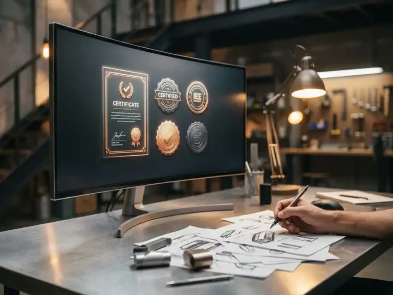 Gebogener Computermonitor zeigt Zertifizierungsdokumente auf Aluminiumschreibtisch in modernem Industriedesign-Studio