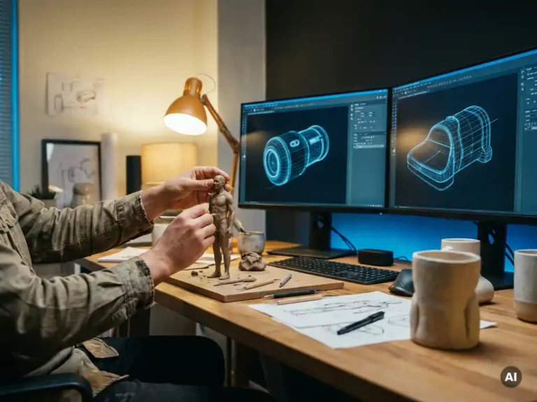 Designer's hands sculpting a small clay human figure at an illuminated studio desk, surrounded by monitors displaying industrial product wireframes.