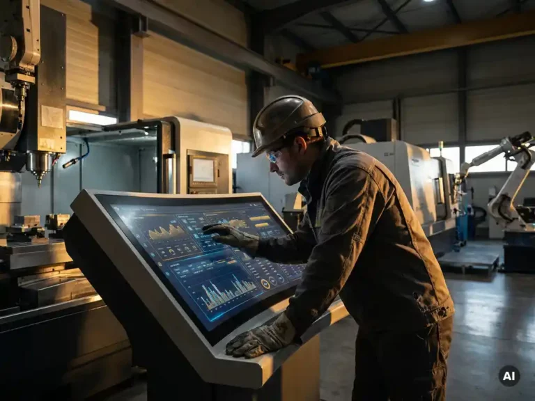 Factory worker in protective gear operating an industrial control monitor displaying data visualizations in a modern manufacturing facility.
