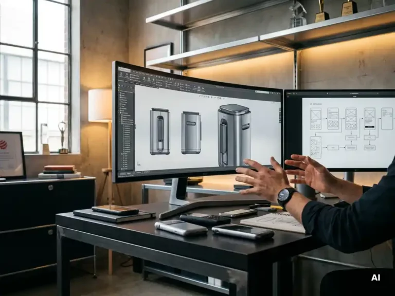 Designer's hands over ultrawide monitor showing industrial CAD renderings, with UX wireframes on second screen and product prototypes on studio desk.
