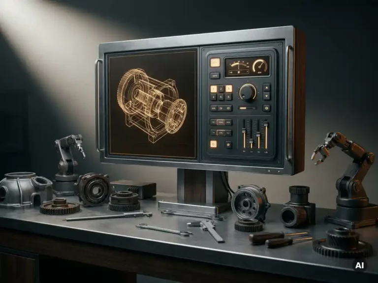 Industrial control monitor showing wireframe schematic and tactile panel interface on an engineering workstation with precision tools and product prototypes.