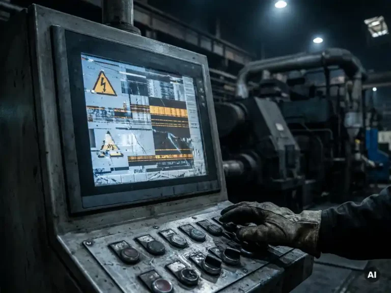 Frustrated operator's hand hovering over a glitching industrial control monitor on a dimly lit factory floor with steel machinery in the background.