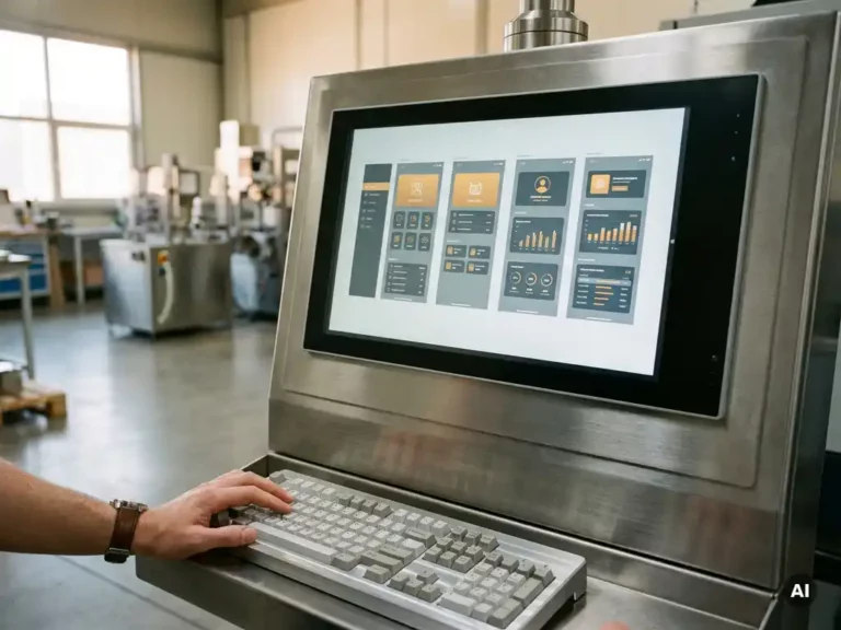 Industrial control panel monitor displaying ergonomic interface layouts in a modern manufacturing facility, with a hand resting on a precision keyboard nearby.