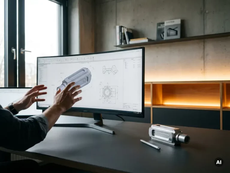 Designer's hands over an ultrawide monitor showing industrial schematics, with a machined aluminum prototype and stylus on a Stuttgart studio desk.