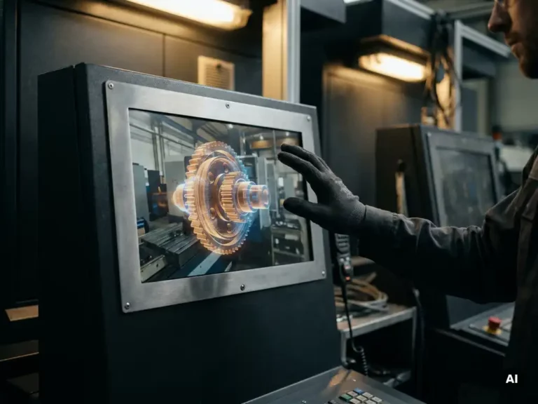 Gloved engineer's hand hovering near an industrial monitor displaying an AR overlay of a mechanical assembly in a precision control room.