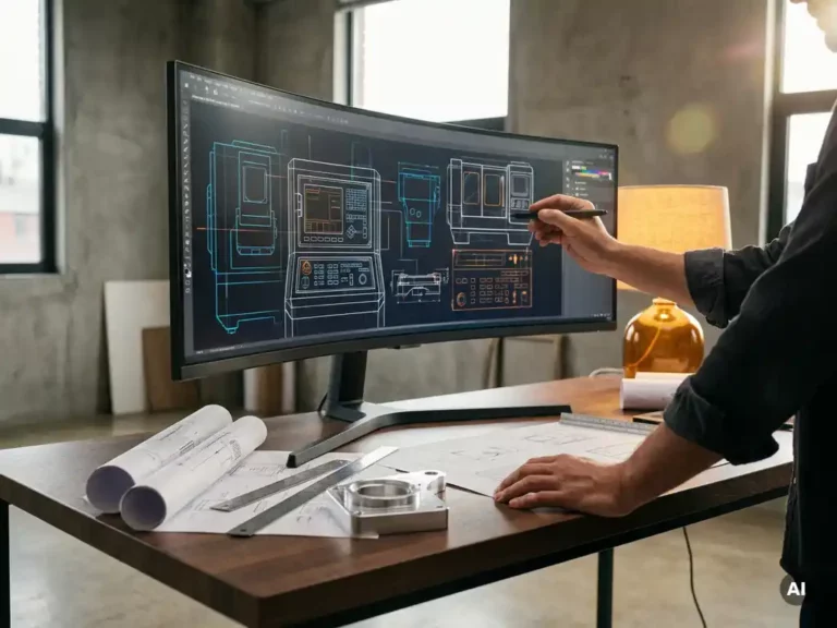 Designer's hands working on industrial machinery interface wireframes on a large monitor, Stuttgart studio desk with technical sketches and metal component.