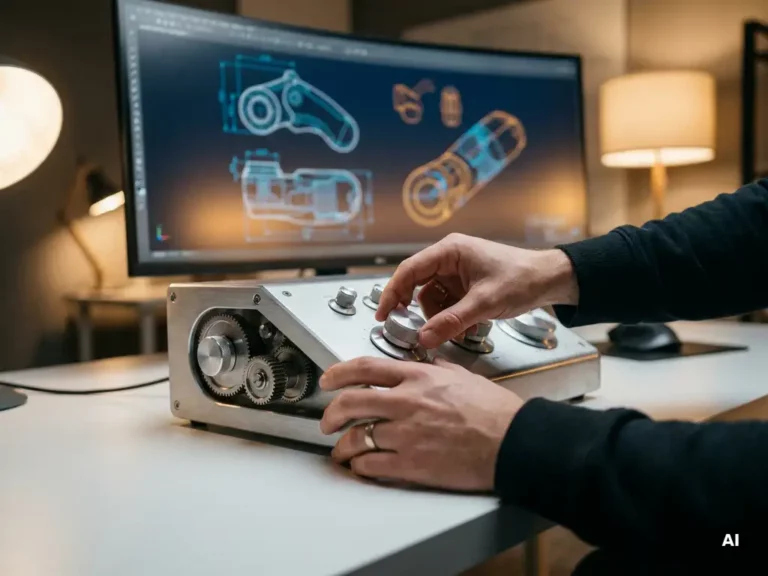 Design engineer adjusting a precision-machined aluminum industrial control device, with ergonomic wireframe blueprints displayed on a monitor in the background.