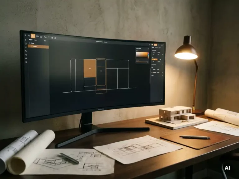Curved ultrawide monitor glowing on a designer's desk beside industrial sketches and an architectural scale model, warm studio lighting against a concrete wall.