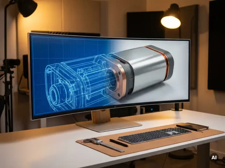 Curved ultrawide monitor displaying an industrial hardware blueprint transitioning to a finished device on a minimal white studio desk with design tools nearby.
